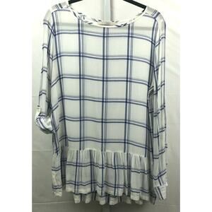 Ann Taylor Loft Blouse Woman M White Navy Plaid Ruffle Hem Roll Tab Long Sleeves
